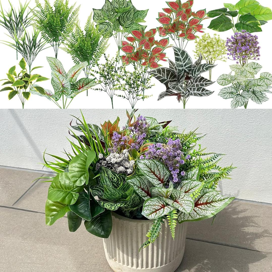 20Pcs Artificial Plants Outdoor Fake Plants Flowers UV Resistant Plastic Bushes Leaves Realistic Faux Greenery Grass Stems for Outside Front Porch Planters Garden Window Box Patio Decor