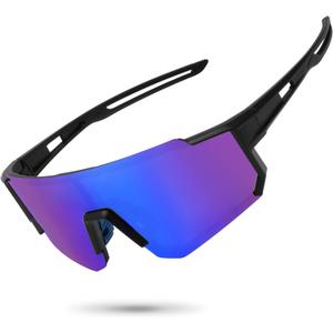 STORYCOAST Polarized Sports Sunglasses for Men Women,Driving Fishing Cycling Mountain Bike Sunglasses UV400 Protection (1-(a)black Frame-blue Mirror Lens)