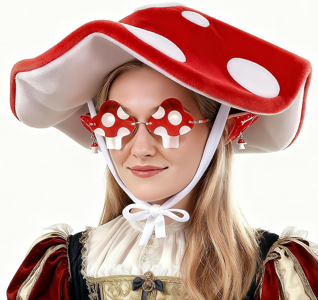 Mushroom Hat Renaissance Elf Ears Glasses Medieval Toadstool Costume Accessories Halloween Forest Fairy Elf Fantasy Outfit