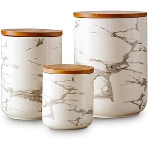 Tenforie Ceramic Canister Set with Bamboo Airtight Lids, 3-Piece Kitchen Storage Jars (48oz, 30oz, 12oz) – White with Gold Marble Pattern, Glossy Finish, for Coffee, Sugar, Flour & More