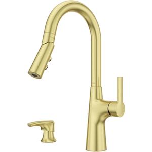 Pfister Tasso Kitchen Faucet with Pull Down Sprayer and Soap Dispenser, Single Handle, High Arc, NSF Certified, Brushed Gold Finish, F5297TSOBG