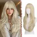 FESHFEN Blonde Wig with Bangs for Women, Long Wavy Layered Hairstyle Synthetic Heat Resistant Wigs for Daily Party Use, Platinum Blonde 26 inch