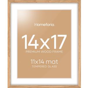 Homeforia 14x17 Natural Oak Wood Picture Frame with 11x14 Mat, Tempered Glass, Wall Hook Included