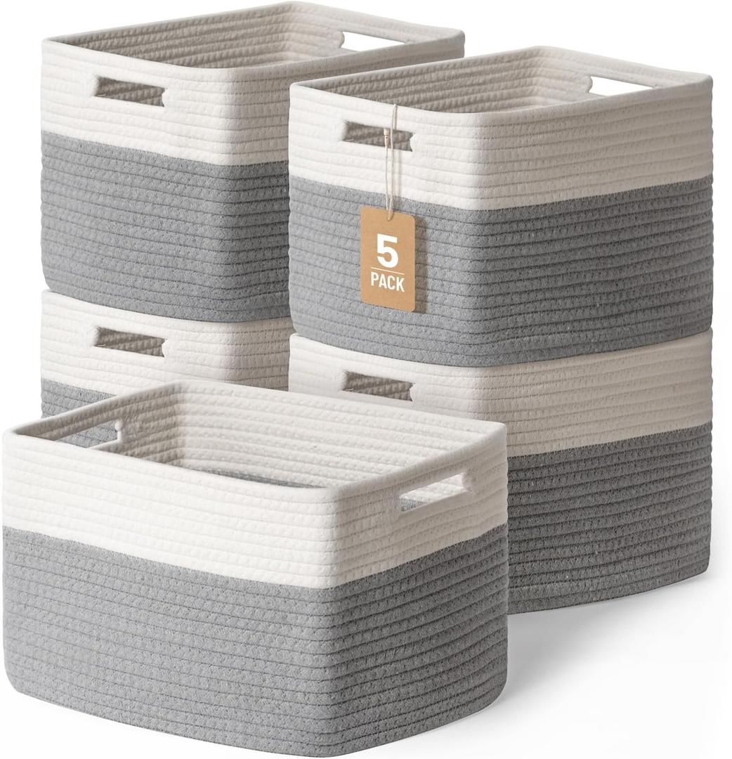 5 Pack Woven Storage Baskets for Shelves, Decorative Basket Closet Organizer Storage Bins for Clothes, Books, Pantry, Bathroom – Cotton Rope Shelf Baskets for Organizing and Decor, Gray & White