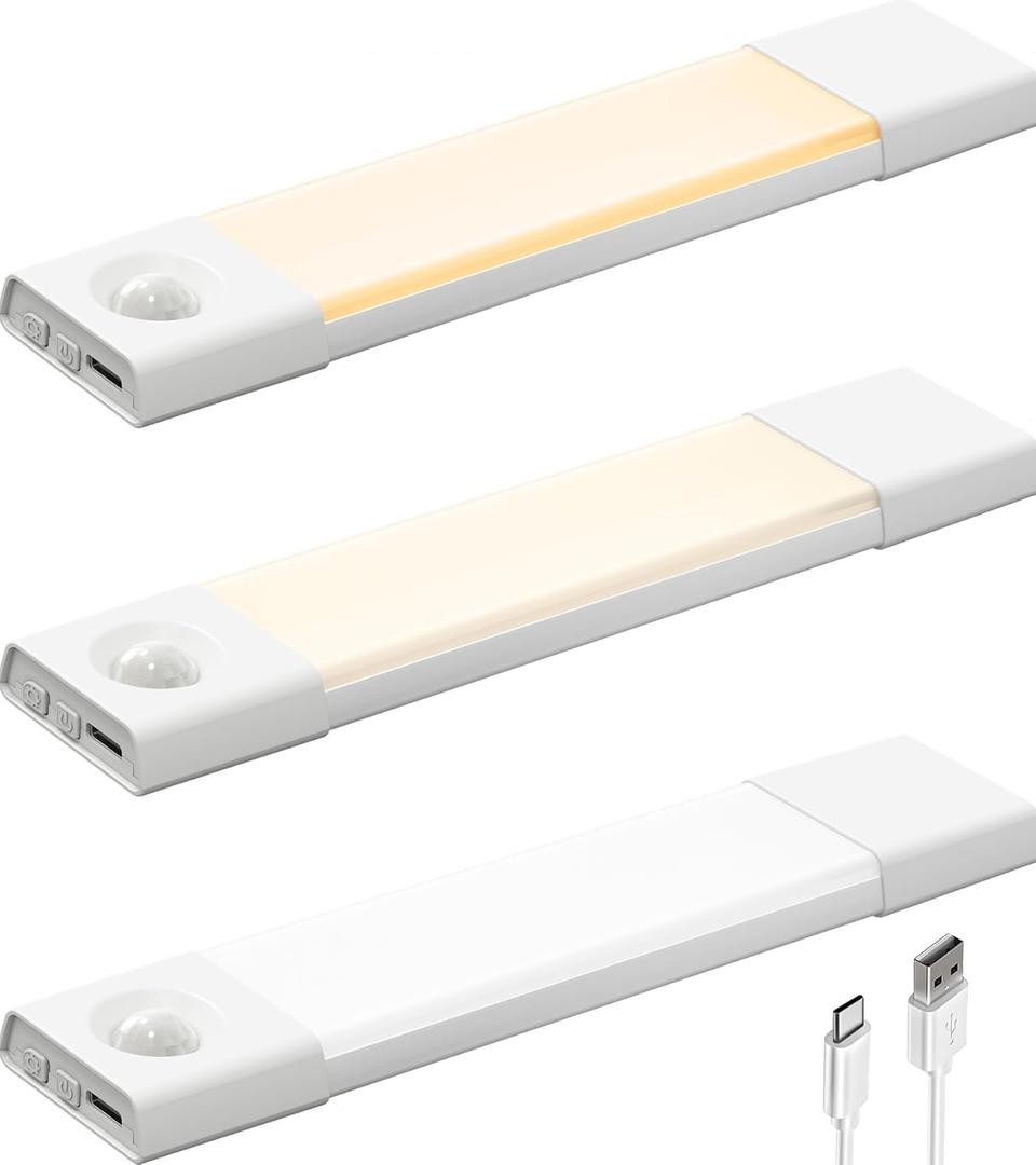 EZVALO 3 Pack 8 Motion Sensor Light Indoor, Wireless Under Cabinet Lighting, 30 LED Rechargeable Closet Lights, Dimmable, 3 Color Temperatures, Counter Lights for Wardrobe, Pantry, Bedroom, Kitchen (White)