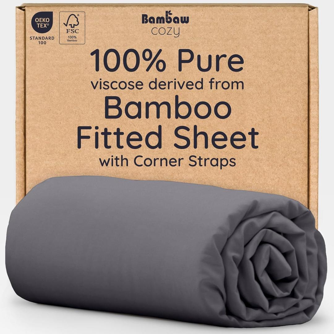 Bambaw 100% Viscose Derived from Bamboo Queen Size Fitted Sheet, Cooling, Deep Pocket, Corner Straps, Charcoal