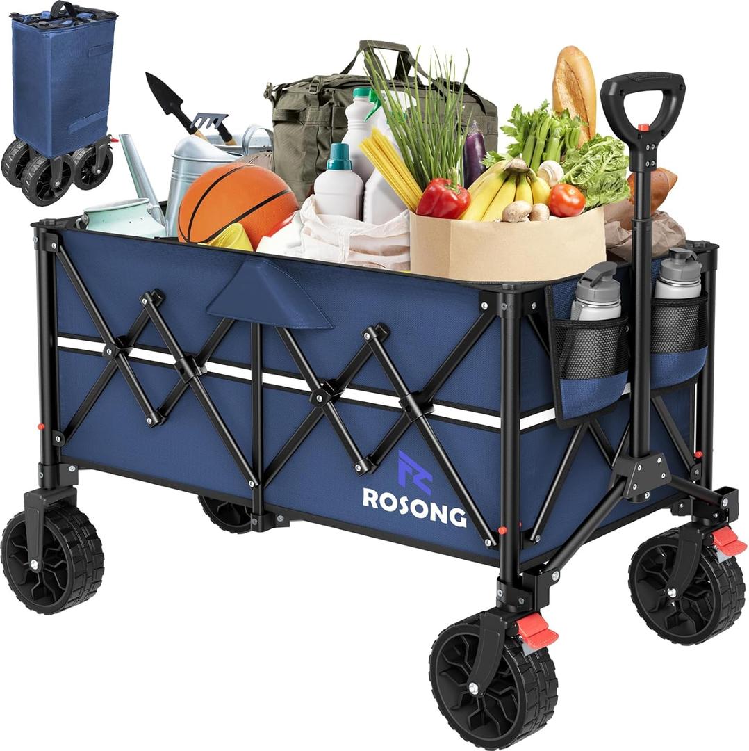 Collapsible Wagon Cart with Wheels Foldable - Folding Utility Heavy Duty Wagons Carts for Grocery Sports Garden Shopping Camping Wheelbarrows (Navy Blue, 150L)