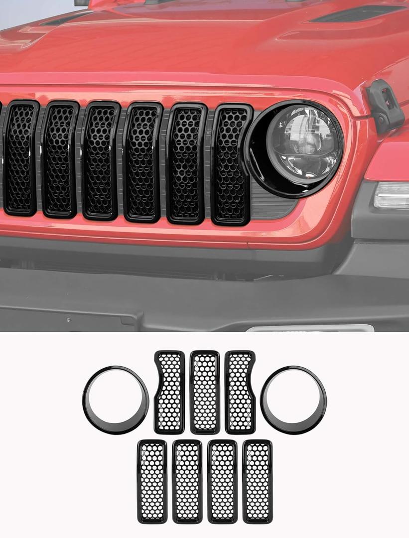 Savadicar Front Mesh Grill Inserts and Headlight Bezels Kit for 2024+ Jeep Wrangler JL JLU 4XE & Gladiator JT - Enhance Your Wrangler's Appearance with Exterior Trim Accessories, 9 PCs, Black