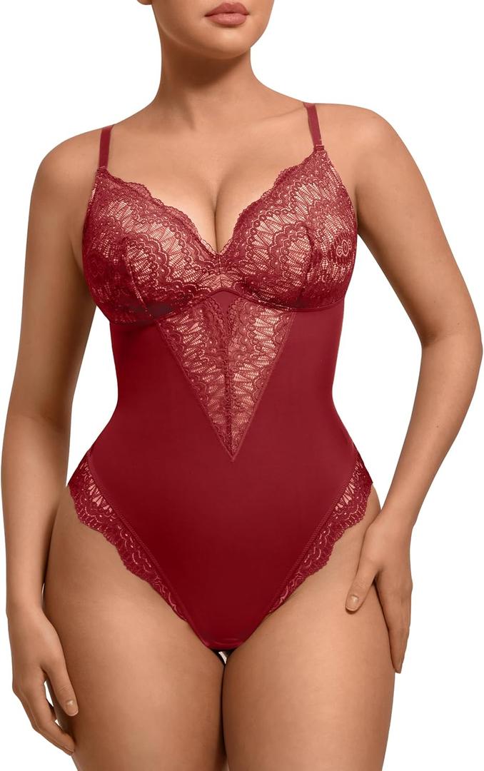 FeelinGirl Womens Body Suits Shapewear Tummy Control Backless Thong Body Shaper V Neck Compression Lace Bodysuit Tops (Large, Deep Red)