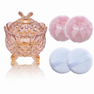 5 Pieces Large Body Powder Puff and Powder Container, Crystal Case for Dust Puff, Powder applicator with Box for Face and Body (Amber, Butterfly)