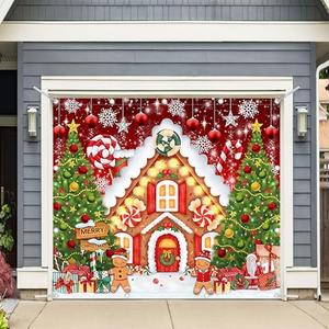 YCUCUEI 1PC 8x7ft Christmas Gingerbread House Garage Door Banner Decorations Winter Merry Xmas Santa Pine Tree Photography Backdrop Home Outdoor Wall Cover Kids Party Supplies