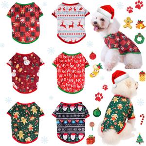 6 Pieces Christmas Dog Clothes for Small Dogs, Soft and Breathable Pet Shirt, Winter Puppy Kitten Vest Printed Dogs Shirts, Christmas Snowman Santa Claus Reindeer Dog T-Shirts for Pet Cats (Red and green)
