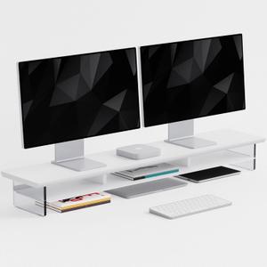 FENSULN DualTier Monitor Stand for Modern Desk Setup Minimalist Wooden and Metal Riser Shelf with Transparent Acrylic Feet for Dual Monitors, Laptops, Home Office Aesthetic, White