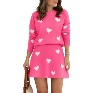 Tankaneo Womens Skirt 2 Piece Sweater Set Long Sleeve Crewneck Sweaters Pleated Mini Skirt Knit Lounge Sets (Small, 01 Pink)