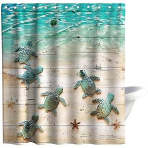 Final Friday Green Beach Sea Turtle Shower Curtain Nautical Teal Theme Fabric Bathroom Blue Ocean Decor with Grommets and Hooks 72 x 72 Inch Blue