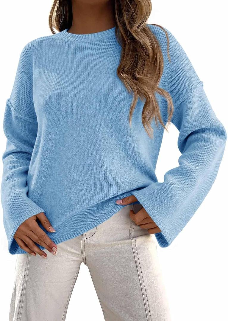 Cicy Bell Womens Oversized Crew Neck Sweater Fall Long Sleeve Knit Tops Trendy Casual Loose Fit Pullover Sweaters (Medium, Blue)