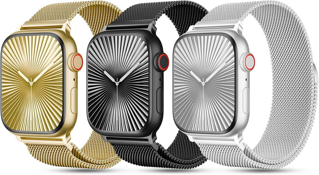 3 Pack Metal Mesh Loop Compatible with Apple Watch Band 38mm 40mm 41mm 42mm 44mm 45mm 46mm 49mm Women Men, Stainless Steel Magnetic Clasp Strap for iWatch Series 11 10 9 8 SE 7 6 5 4 3 2 1 Ultra (Gold/Black/Silver)