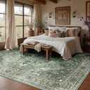 RELEANY Area Rugs 9'x12' Washable Non-Slip, Floral Vintage Distress Print Pattern Medallion Carpet for Living Room Bedroom Dining Room, Dark Green Gray