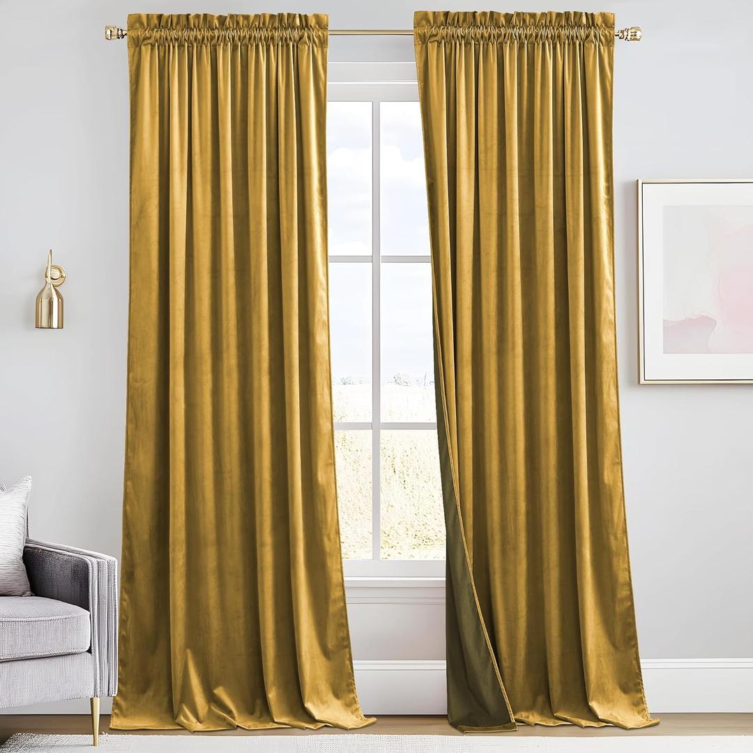 RYB HOME Rich Gold Brown Velvet Curtains 84 inches, Thermal Insulated, Light Blocking, Elegant Rod Pocket Velvet Drapes for Living Room, 52" W x L90 L, 2 Panels Set