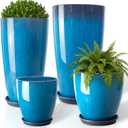 ZMTECH 24/21/12/10" H Large Plastic Planters with Drainage Hole & Saucer, Set of 4 Tall Plant Pots for Indoor/Outdoor Use, Gradient Blue Glossy Smooth Flower Pot for Front Porch Patio Garden