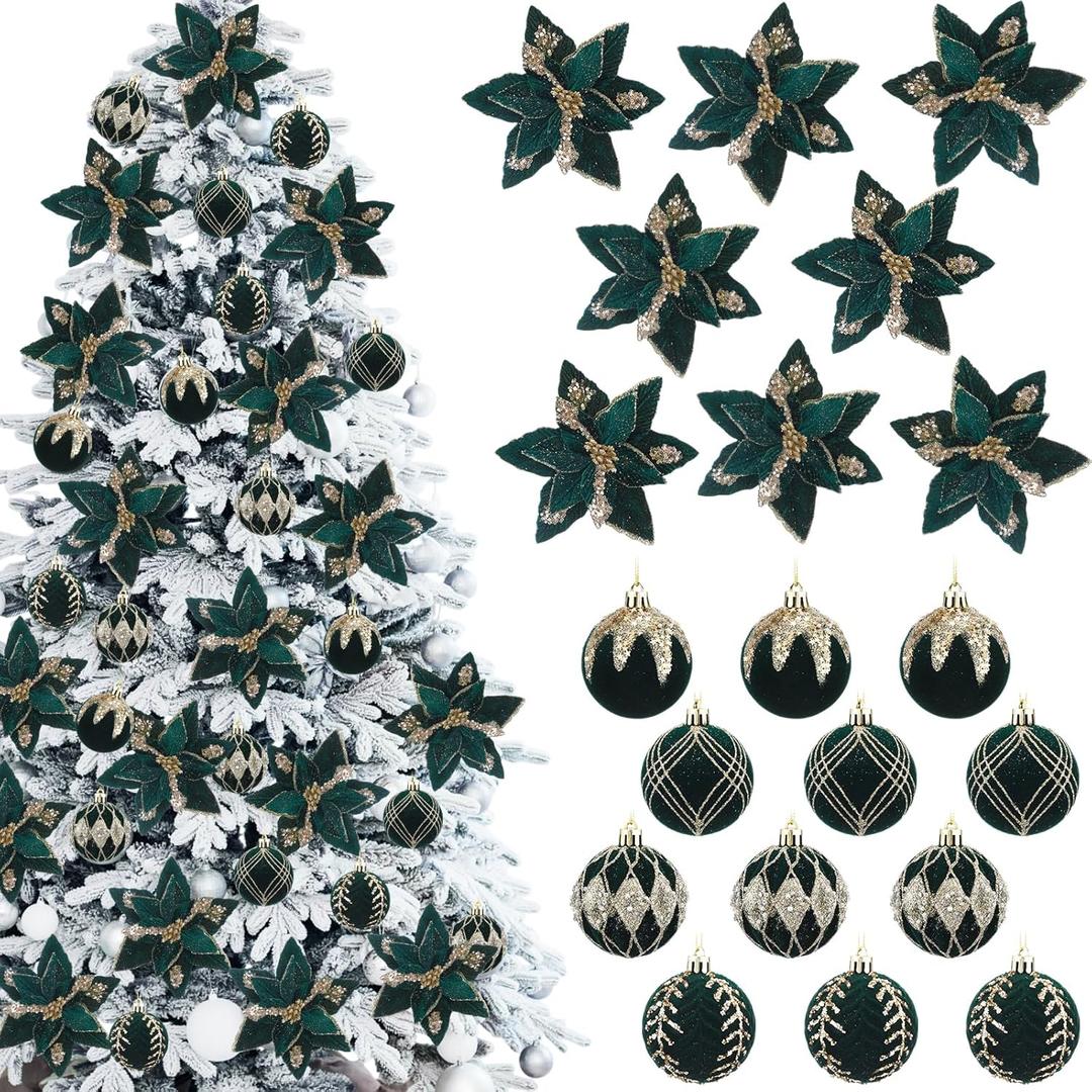 Soulchen 20 Pcs Christmas Velvet Poinsettia Flower Balls Ornaments Set Glitter Artificial Poinsettia Decoration Christmas Tree Ornaments Wreath Garland Decoration (Green)