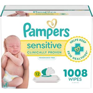 Pampers Baby Wipes, Sensitive, Water Based Wipe, Clinically Proven, Hypoallergenic, and Unscented for Babies, 1008 Wipes Total (12 Flip-Top Packs) [Packaging May Vary]