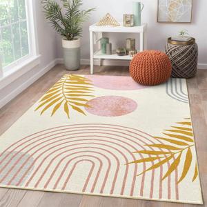 RoomTalks Cute Pink Nuresry Rug Washable, Boho Modern Contemporary Aesthetic 5x7 Area Rugs for Bedroom Dining Living Room Dorm, Abstract Art Tropical Leaves Thin Indoor Entryway Rug Carpet