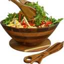 Premium Acacia Wood Salad Bowl Set  12.5 Large Wooden Serving Bowl with Servers & Base Plate, 5-Piece Set