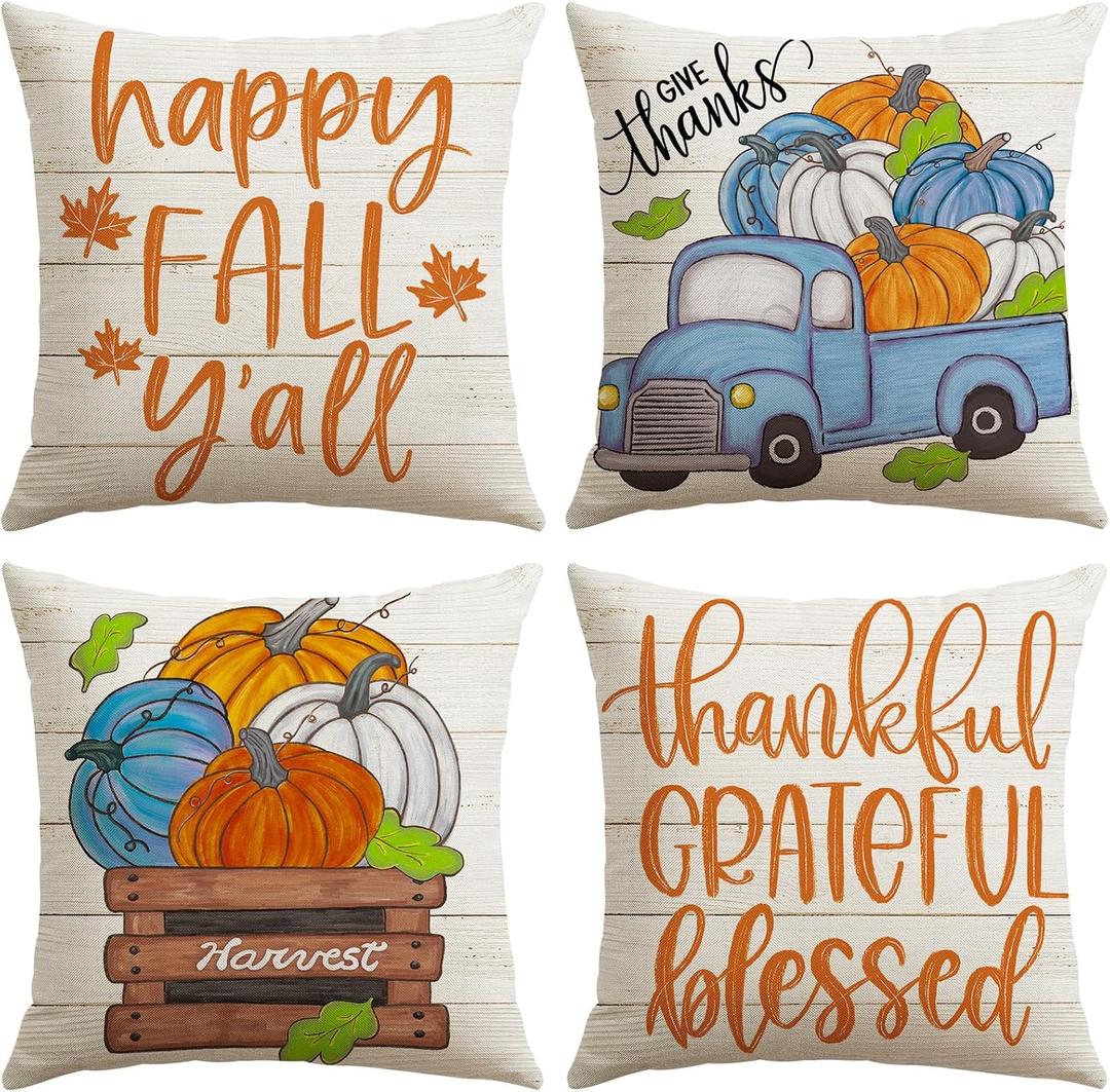 Artscope Fall Decorative Throw Pillow Covers 20x20 Inch Set of 4, Happy Fall Pumpkin Truck Thankful Grateful Blessed Outdoor Farmhouse Pillow Cases for Home Sofa Couch-Orange Beige