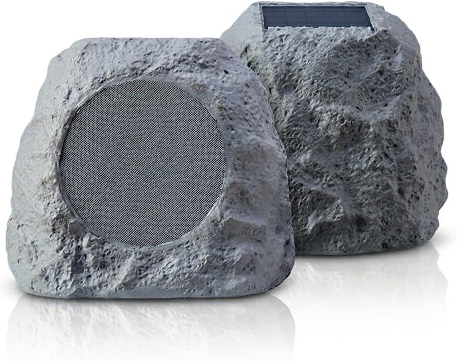 Solar Powered Rock Speakers Outdoor Waterproof (2 Pack) - Bluetooth 5.3 Wireless Landscape Speakers with Color Changing LED Lights, Multi-Speaker Interconnect Wireless Stereo for Garden, Patio, Yard