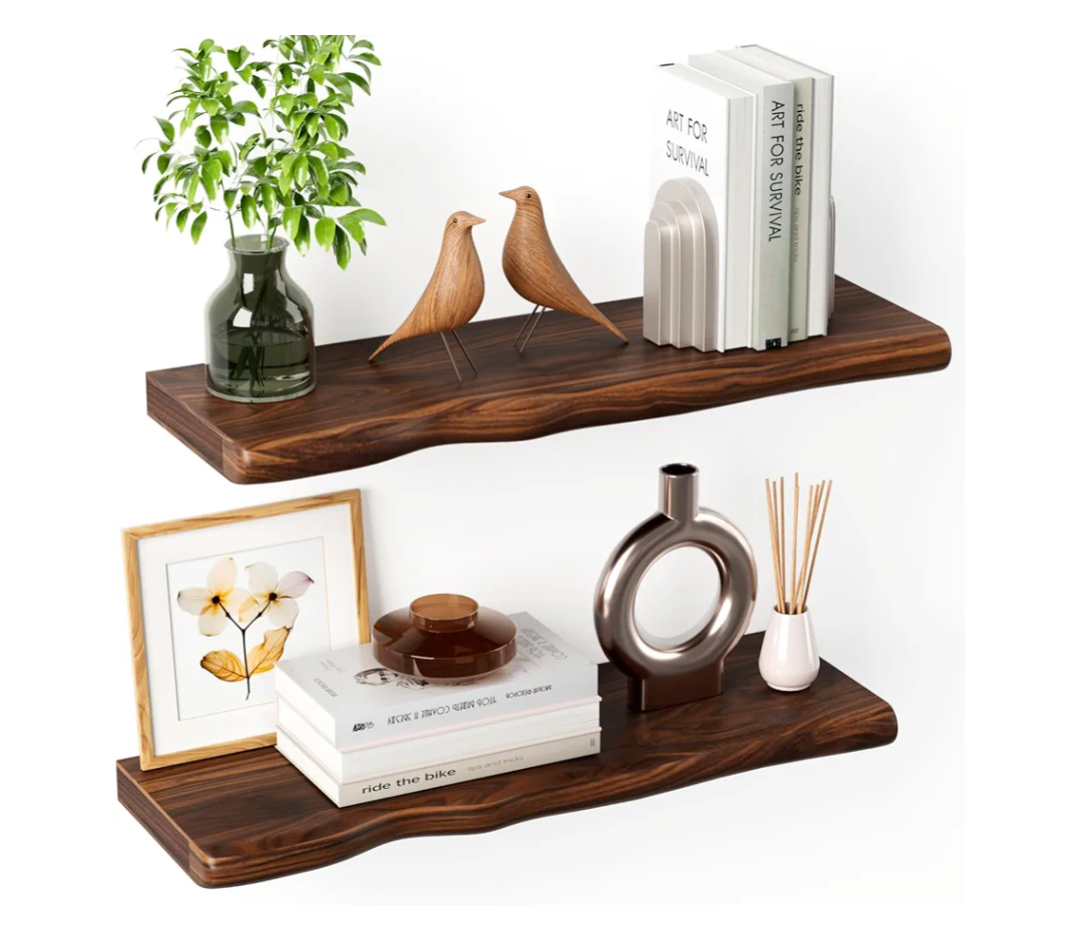 Floating Shelves for Wall Rustic Farmhouse 24 Inch Floating Shelf Bathroom Wooden Shelves for Wall Mounted Live Edge Pine Wall Shelf with Unique Natural Grain for Living Room Bedroom Kitchen (Walnut)