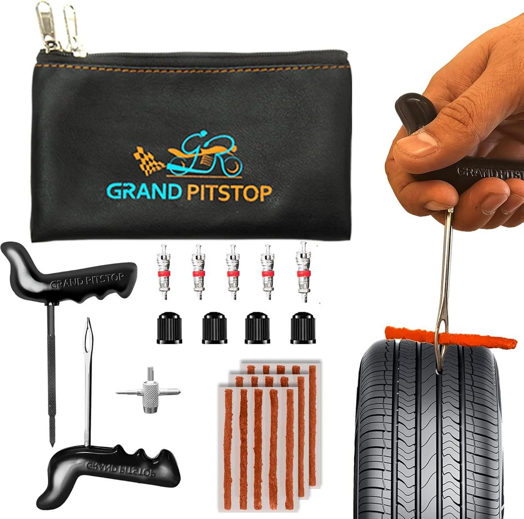 GRAND PITSTOP Tire Plug Kit, 27 Pcs Universal Heavy Duty Car Emergency Tool Kit for Flat Tire Puncture Repair, Compact Kit for Autos, Cars, Motorcycles, Trucks, RVs, etc.(15 Strips) (Puncture Kit+15 Strips)