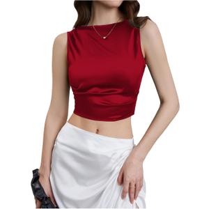 WDIRARA Women's Satin Crop Top Tie Back Backless Sleeveless Ruched Party Blouse Tops (S)
