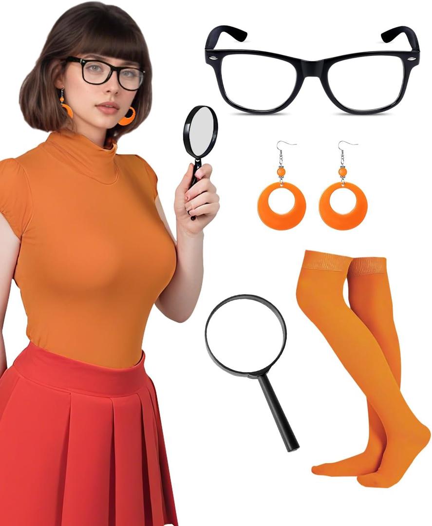 Velma Costume Accessories Set for Women  Halloween Cosplay Kit with Black Glasses, Orange Earrings, Knee High Socks, Magnifying Glass