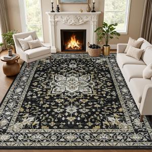10x12 Area Rugs Living Room: Washable Rug for Bedroom Black Gold | Vintage No Slip Stain Resistant Rug Soft Indoor Decor Floor Floral Area Rugs for Dining Room, Nursery, Hallway, Home Office