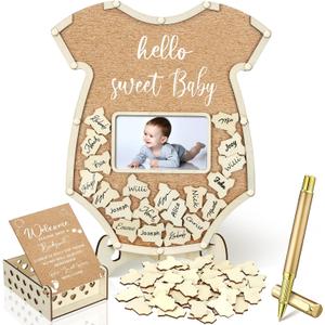 Wenqik 63 Pcs Baby Shower Guest Book Alternatives Set Baby Shower Decorations with Photo Frame Sonogram Frame Keepsake 60 Wood Slices Guest Book for Birthday(Bodysuit)