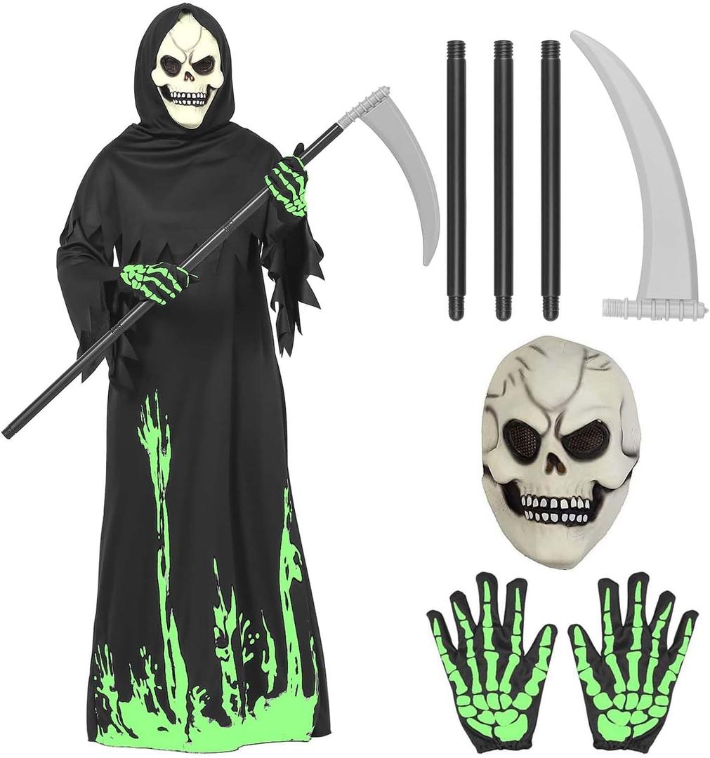 Halloween Grim Reaper Costume for Kids Boys Girls,Glow in the Dark Deluxe Phantom Costume