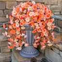 Ivydale Artificial Faux Mums Fall Flowers for Outdoor Outside Decoration, 2 PCS Fake Hanging Flowers Silk Morning Glory Plants with Eucalyptus for Home Garden Decor (Fall Orange+Light Orange)