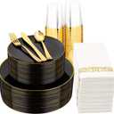 Supernal 350pcs Black & Gold Plastic Dinnerware Set, Elegant Black Plates with Golden Edges, Gold Plastic Silverware, Durable Tableware Perfect for Birthdays, Parties, Wedding, Celebration