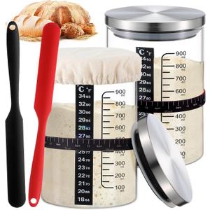Potchen 2 Set Sourdough Bread Starter Kit 34oz Sourdough Starter Kit with Thermometer Scraper Cloth Cover and Lid Wide Mouth Sourough Bread Baking Supplies(Retro Style,Silver)