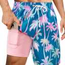Gleeease Mens Swim Trunks with Compression Liner Mens Bathing Suit 7 Inch Inseam Zipper Pocket Quick Dry Stretch Palm Tree (Blue, M)