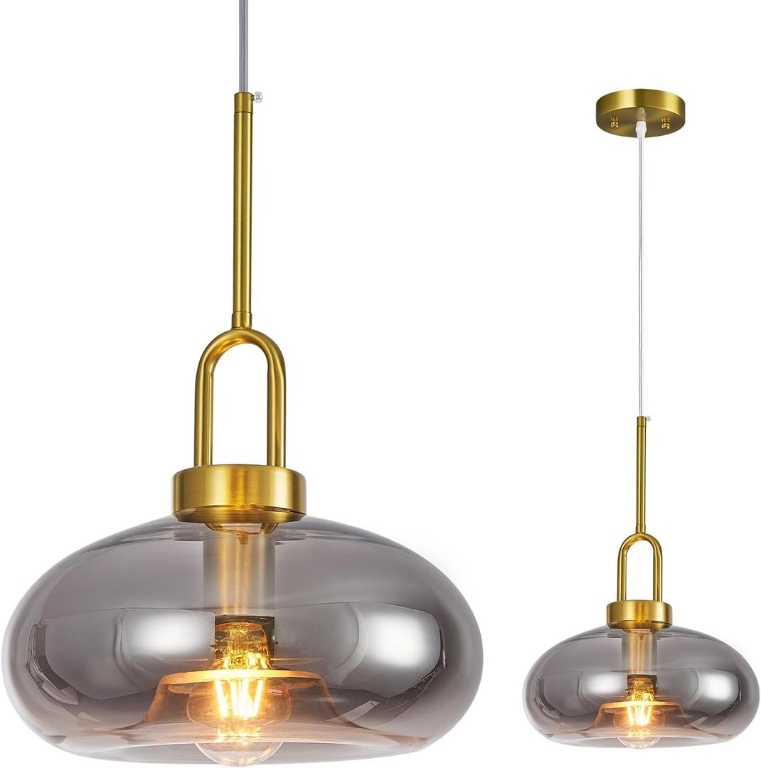 Light Smoke Gray Glass Pendant Light for Kitchen Island, Brass Gold Adjustable Height Hardwired E26 Hanging Fixture for Dining Room, Bedroom, Breakfast Nook, 1-Pack