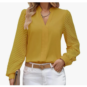 ZOOMOON Womens Work Tops Sheer Long Sleeve Shirts V Neck Chiffon Blouses Business 2025 Casual Tops for Women Yellow L