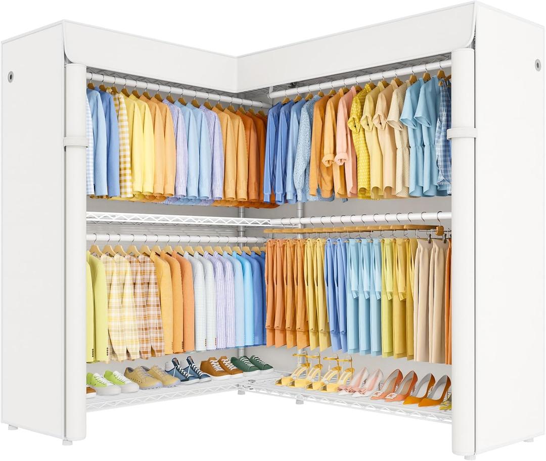 ULIFHOME E15C Max Garment Rack L Shaped Clothes Rack for CornerFreestanding Clothing Racks for Hanging ClothesHeavy Duty Closet System 57"W x 15.8"D x 78.4"HWhite Rack with White Dustproof Cover