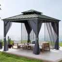 GarveeLife Hardtop Gazebo 12 ft x12 ft for All Weather, with Double Metal Roof, Aluminum Alloy Frame, Net, and Curtain, Permanent Building for Patio, Deck, Backyard, Lawn, and Garden