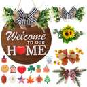 Interchangeable Welcome Sign for Front Door with 4 Seasonal Wreaths and 14 Changeable Icons, Farmhouse Front Door Signs, Door Decoration Porch Decor, Seasonal Wooden Home Sign home dcor (6wood)