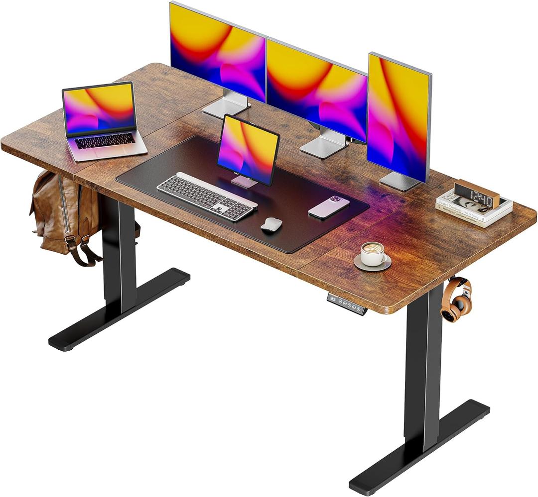Huuger 55 x 28 Large Electric Standing Desk, Height Adjustable Computer Desk, 27.6" Deep Desktop, Stand up Gaming Office Desk with 2 Hooks, 3 Preset Heights, for Home Office, Rustic Brown (55*28 inch (no outlets))