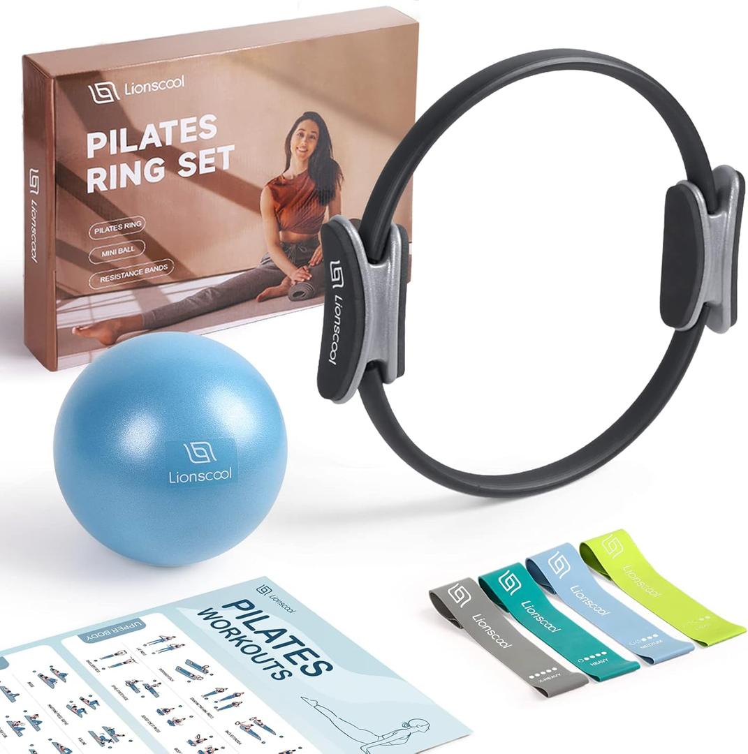 LIONSCOOL Pilates Ring Set  14" Anti-Deformation Magic Circle with Padded Handles, Mini Ball, Resistance Bands, Guide & Bag (Black)