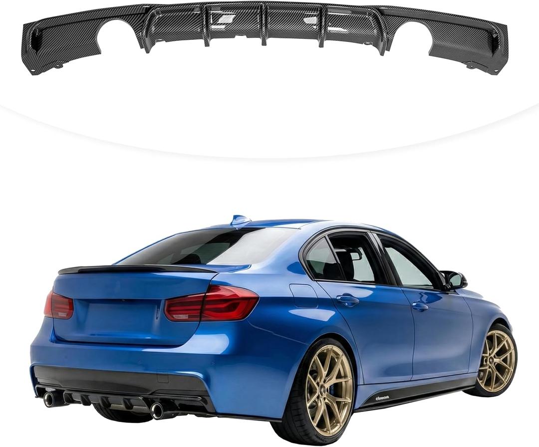 Rear Diffuser Compatible with 2012-2018 BMW 3 Series F30 F35 328i M-Performance Style Rear Bumper Lower Lip Diffuser Double Exhausts One Outlet (Carbon Look)