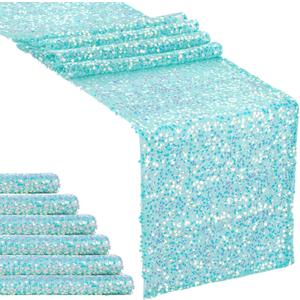 MoKoHouse Iridescent Table Runner for Party - Glitter Sequin Table Linens 6 Pcs 12 x 72 Inch Coral Green Mermaid Table Runner Baby Shower Decoration